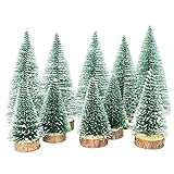 TheStriven 10 Stück Mini Weihnachtsbaum Künstlicher Kiefernbaum mit Holzsockel Tanne Tannenbaum mit Schnee-Effek DIY Grün Klein...