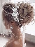 Vakkery Blume Braut Hochzeit Haar Rebe Perle Haarschmuck Braut Stirnband Kopfschmuck für Frauen und Mädchen (Silber)